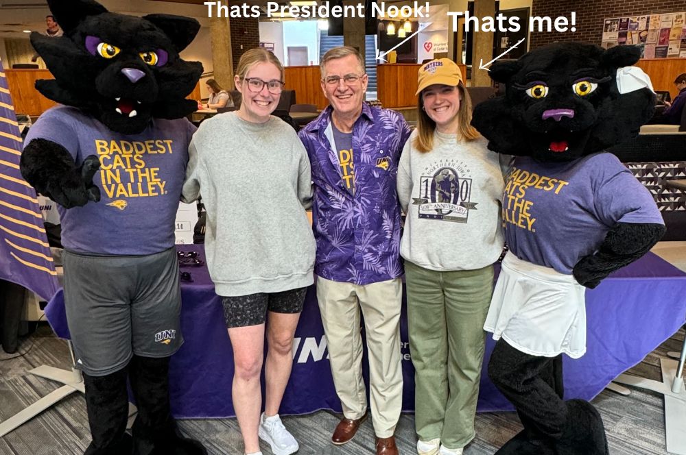 Students with UNI Mascots and President