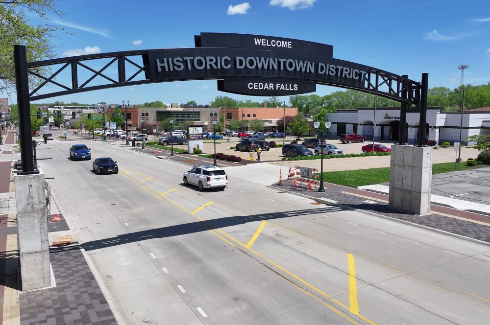Historic Downtown District Cedar Falls Sign on Main Street